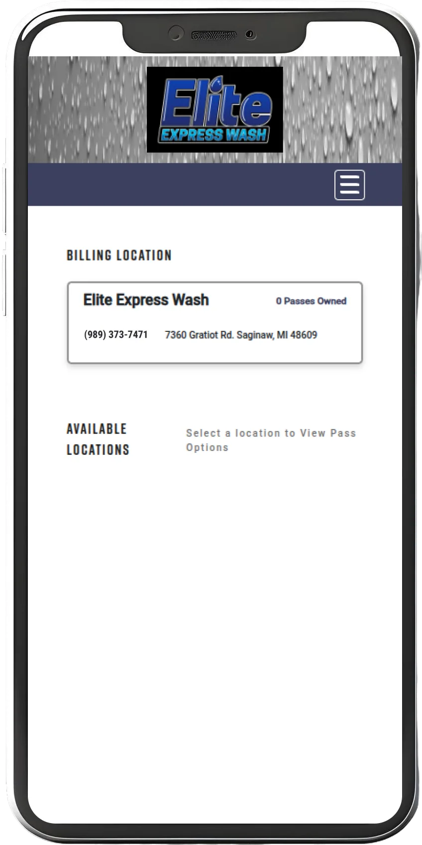 My Wash Membership screen showing the Elite Express Wash billing location